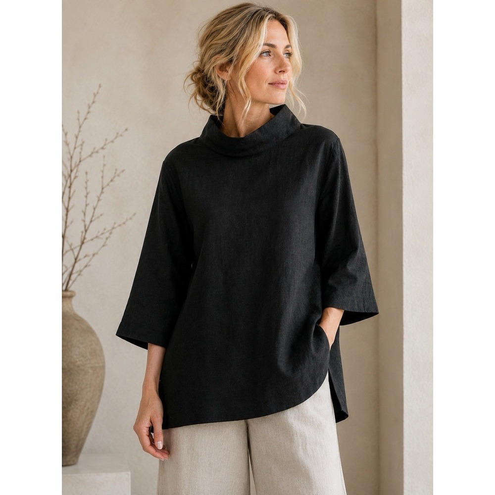 NWT Crown Linen Designs 100% Linen Tunic Top Size S Sleeve Boho Cowl Neck Black